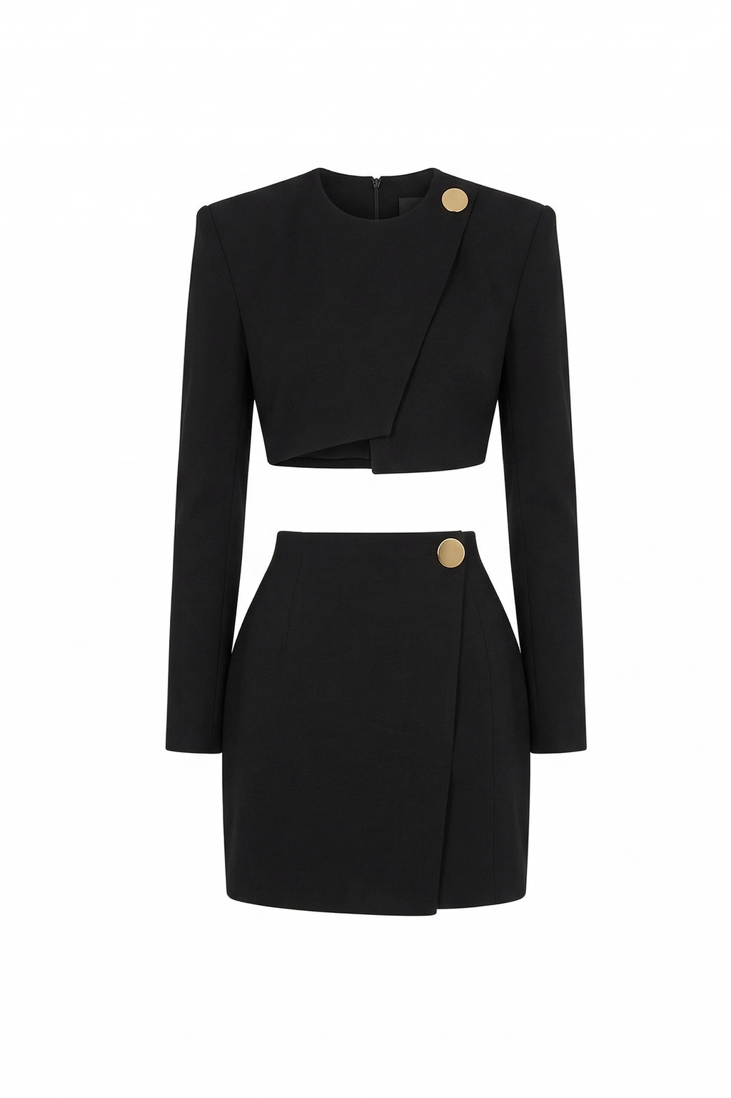 Black two-piece outfit with button details on a white background