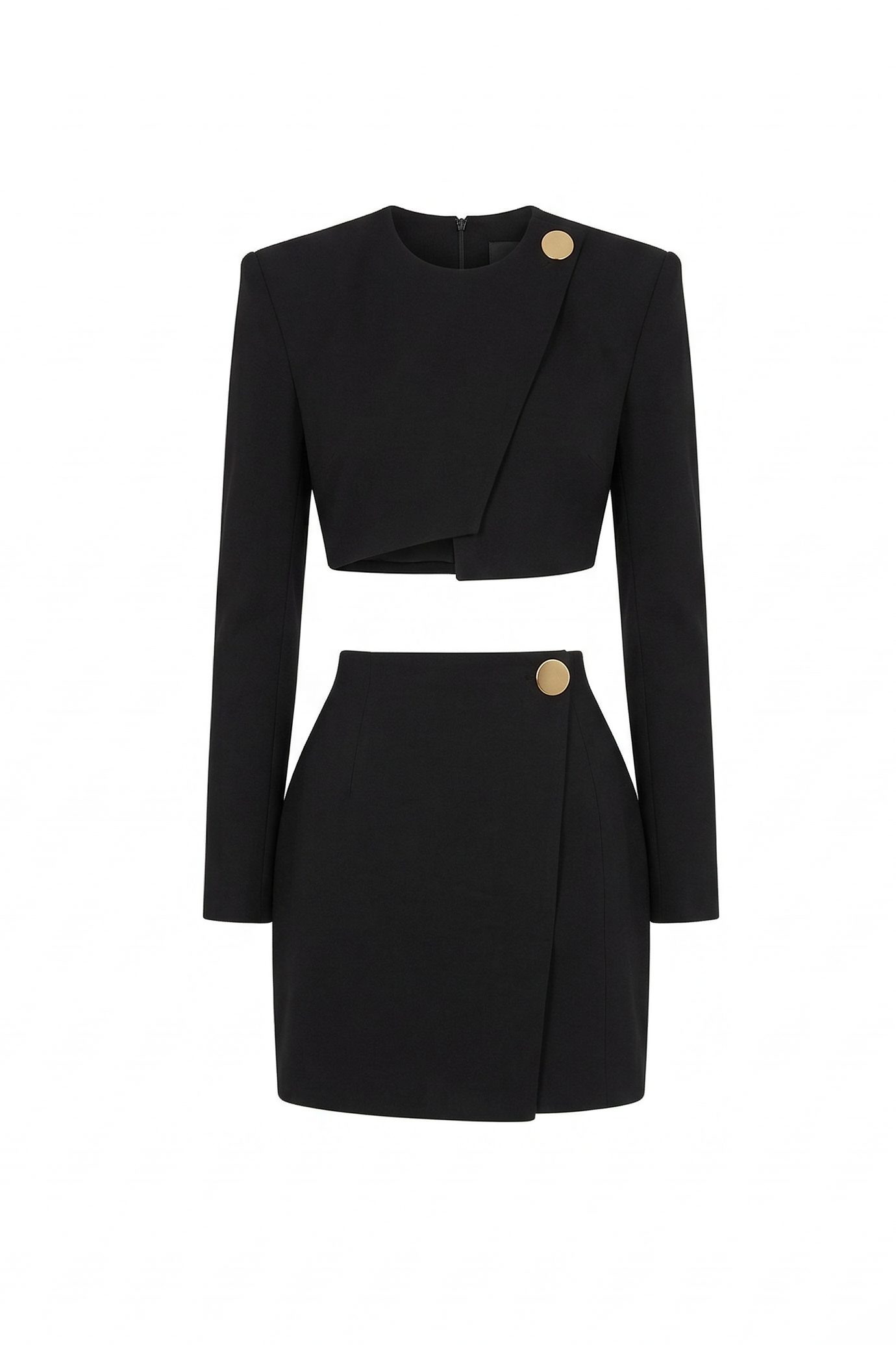 Black two-piece outfit with button details on a white background