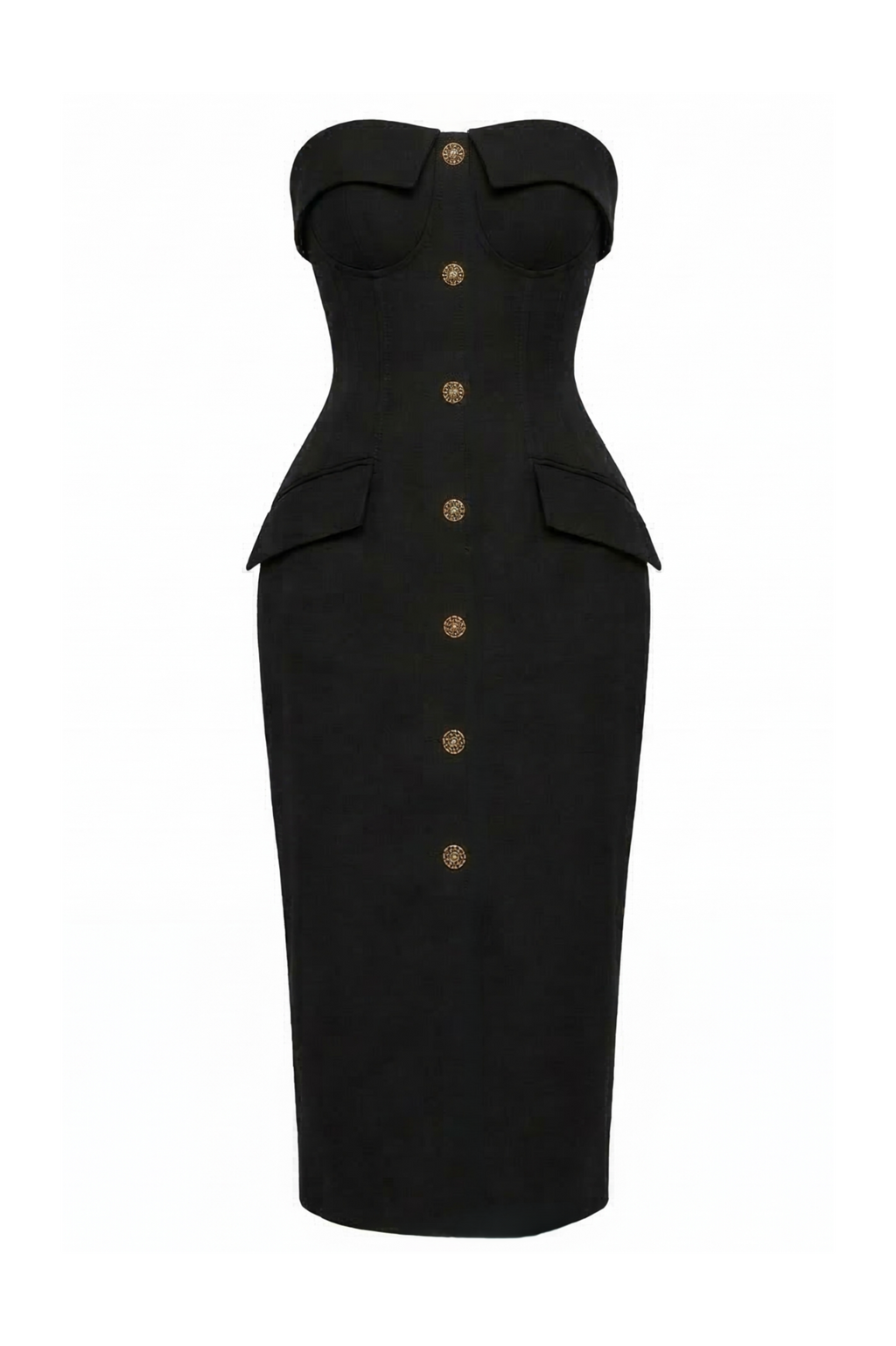 Black dress with button details on a white background