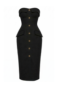 Black dress with button details on a white background