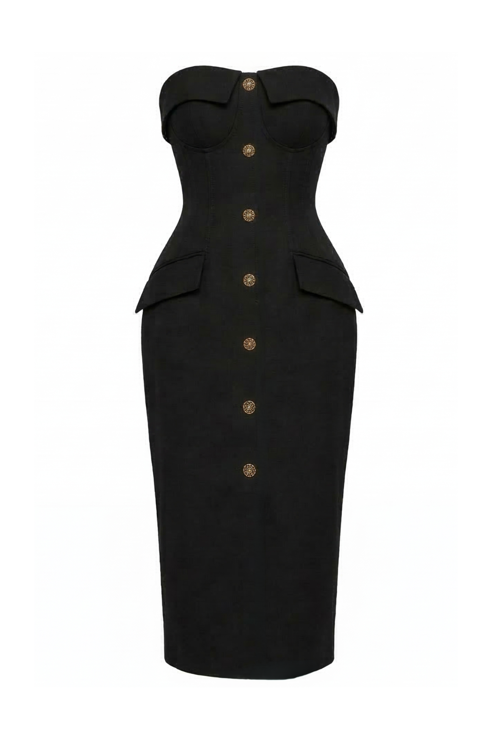 Black dress with button details on a white background