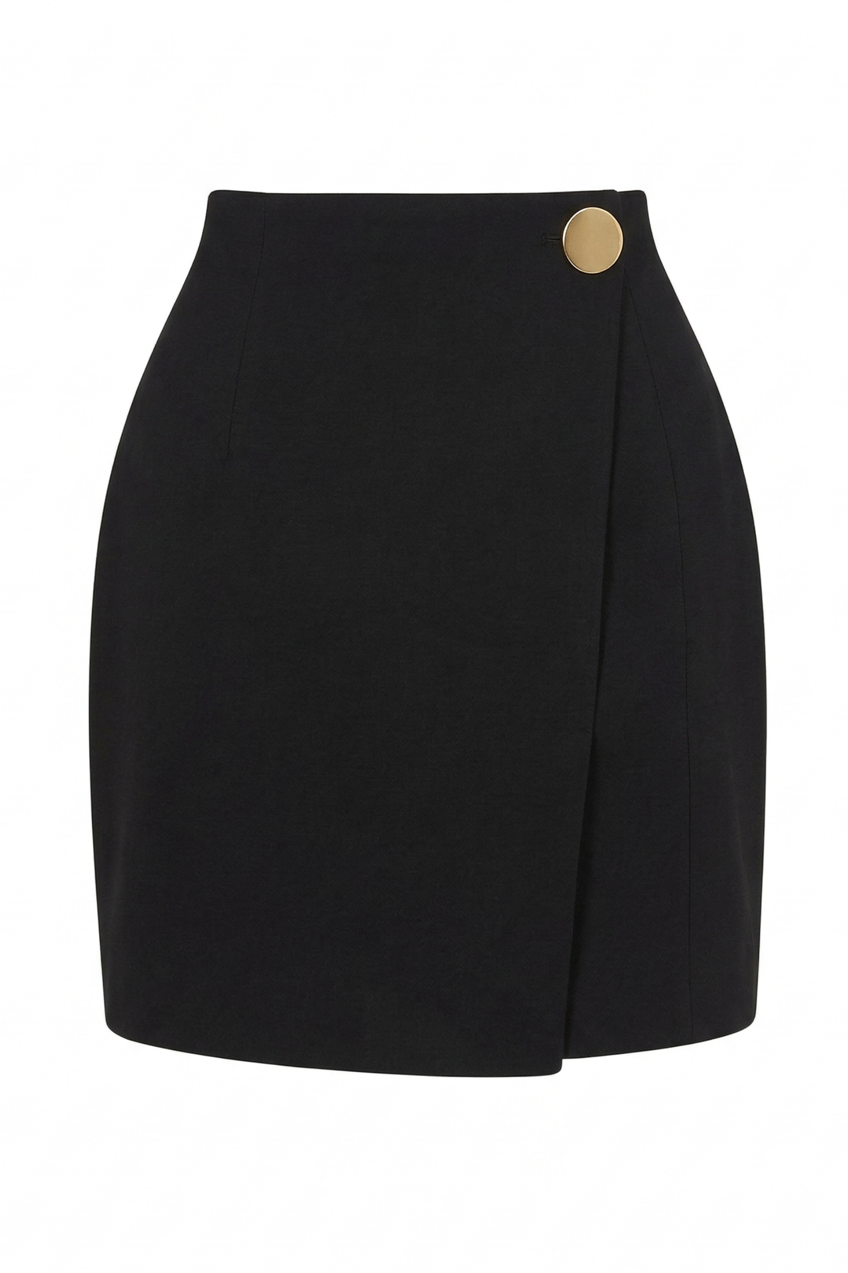 Black skirt with a gold button on a white background