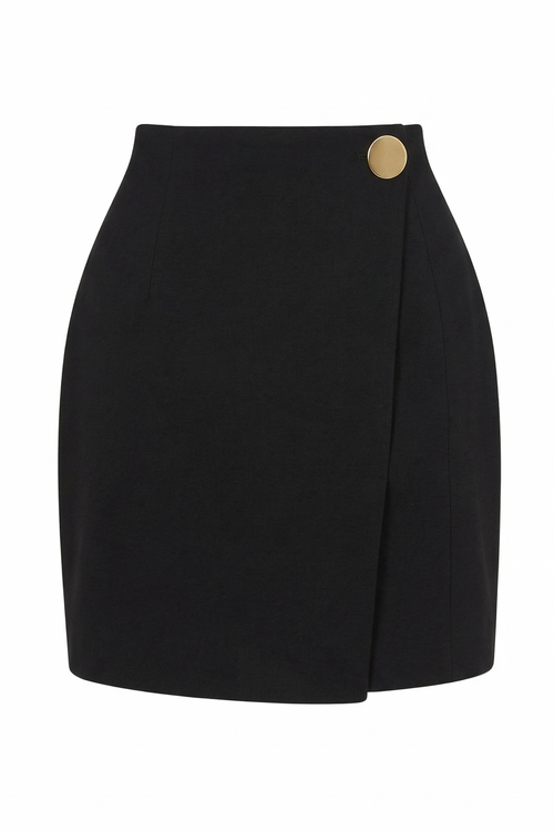 Black skirt with a gold button on a white background