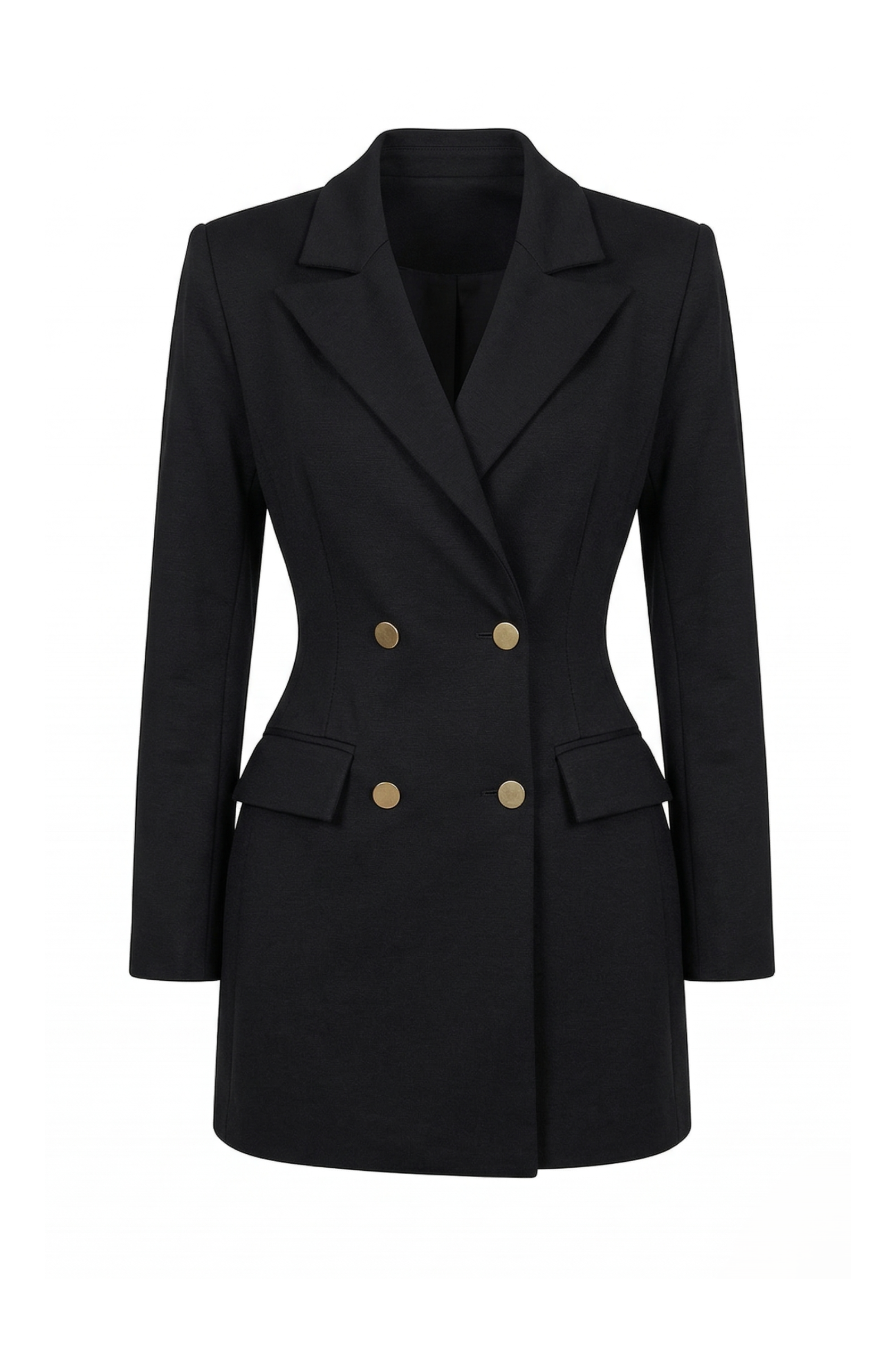 Black coat with gold buttons on a white background