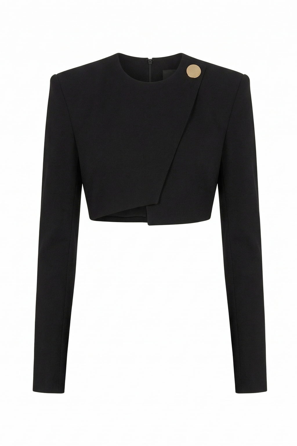 Black long-sleeve top with a unique design on a white background