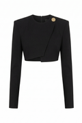 Black long-sleeve top with a unique design on a white background