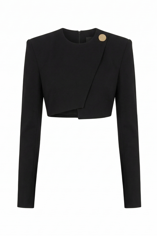 Black long-sleeve top with a unique design on a white background